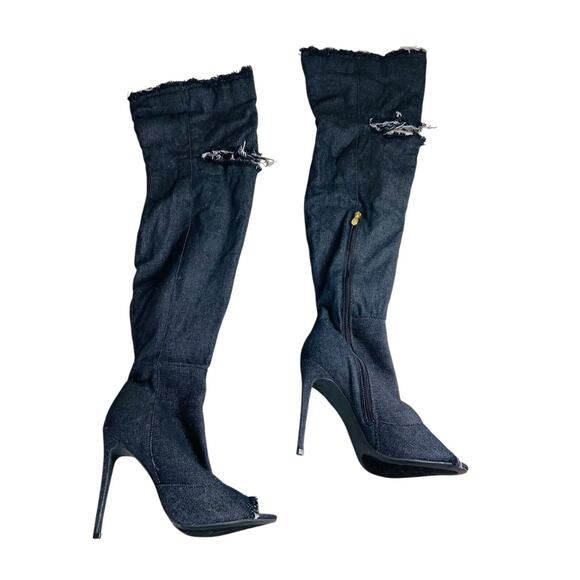 Liliana Barbara Thigh High Over Knee Denim Open Toe Stiletto Heel Boot Black 7.5 - Picture 2 of 12